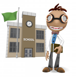 This clipart image shows the presentation character Data smiling and holding a small stack of books in front of a school building.  Use this clipart image for presentations involving school, education, learning, and more.