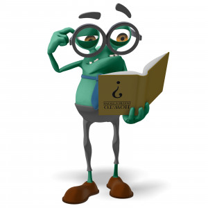 This clipart image features the presentation character Jerry looking confused, while trying to read a book that he is holding upside down.  Use this clipart image for presentations involving challenges, problem solving, instructions, and more.