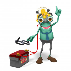 This clipart image features the presentation character Jerry removing his glasses and excitedly pointing in the air while wearing an electronic thinking cap.  The cap is hooked up to a battery positioned on the ground, which successfully helps jerry generate a thought or idea.  Use this clipart image for presentations involving thoughts, ideas, brain storming, and more.
