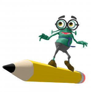 This clipart image features the presentation character Jerry surfing on a large wooden pencil.  Use this image for presentations involving writing, learning, drawing, and more.