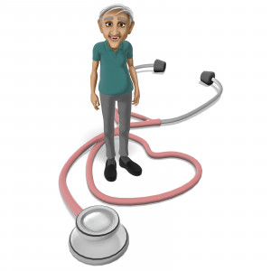 In this clipart image, a large stethoscope is laying on the ground with the tubing bent in the shape of a heart. An elderly man is standing posed in the center of the heart. Use this clipart image in presentations involving medical, equpment, health care, and more.