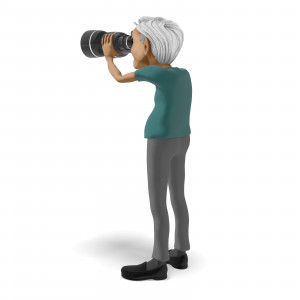 An image of an elderly man looking off into the distance with a large pair of binoculars.  Use this clipart image in presentations involving searching, discovery, and more.