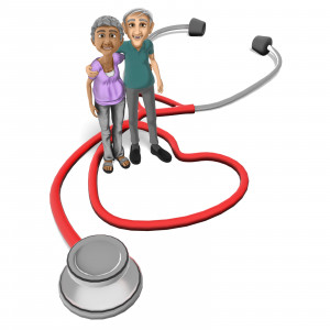 In this clipart image, a large stethoscope is laying on the ground with the tubing bent in the shape of a heart.  An elderly couple are standing posed in the center of the heart.  Use this clipart image in presentations involving medical, health, home health care, and more.