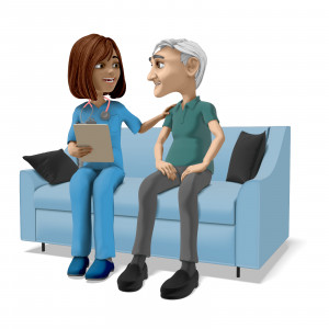 In this clipart image, a nurse is seated next to an elderly man on a couch.  she is holding a clipboard and has her free hand on his shoulder while they engage in positive conversation.  Use this clipart image in presentations involving medical treatment, home health care, healthy living, and more.