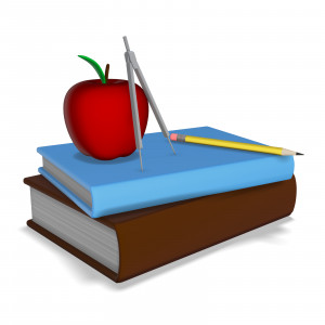 In this clipart image, an apple, a pencil, and a compass, are placed on top of a stack of 2 large books.  Use this image for presentations involving education, learning, mathematics, and more.