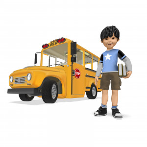 This clipart image shows the young presentation character James smiling and holding a small stack of books while standing next to a yellow school bus.  Use this clipart image for presentations involving School, education, learning, and more.