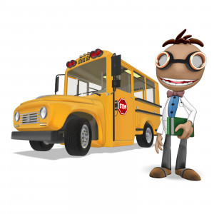 This clipart image features the presentation character Data smiling and holding a small stack of books while standing next to a yellow school bus. Use this clipart image for presentations involving School, education, learning, and more.