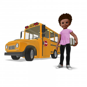 This clipart image shows the young presentation character Chloe smiling and holding a small stack of books while standing next to a yellow school bus. Use this clipart image for presentations involving School, education, learning, and more.