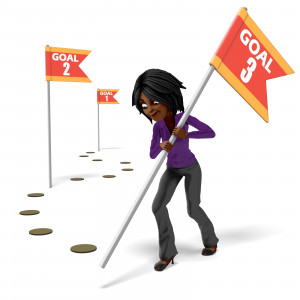 In this clipart image, Businesswoman Jada is planting mulitple flags along a a curved path.  Each flag is a numbered goal, to represent achievements to accomplish along an overall path or direction.