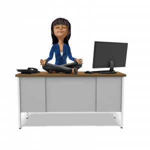 In this clipart image, the presentation businesswoman Kim is posed sitting in a meditative position on top of her work desk.  Use this clipart image for presentations involving stress management, motivation, relaxation, and more.