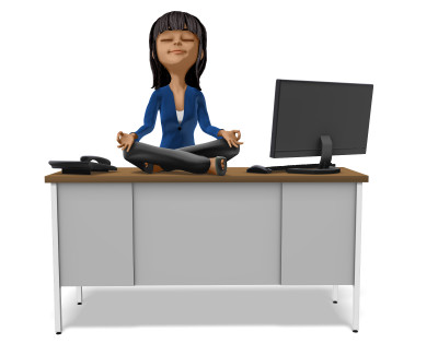 A business woman sitting on a desk in a meditative pose.