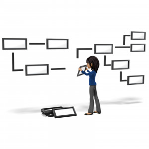 In this clipart image, the businesswoman character Kim is in the process of assembling a flowchart.  She is mounting another section of the chart in place, and there is a small stack of extra pieces next to her on the ground.  Use this clipart image for presentations involving flowcharts, processes, management, and more.