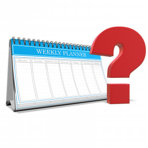 In this clipart image, a large question mark is positioned next to a weekly planner.  Use this clipart image for presentations involving scheduling, planning, organization, and more.