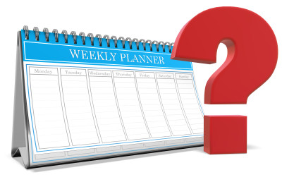 A weekly planner calendar with a large question mark next to it.