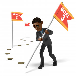 In this clipart image, Businessman Ethan is planting mulitple flags along a a curved path. Each flag is a numbered goal, to represent achievements to accomplish along an overall path or direction.