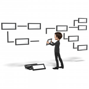 In this clipart image, the businessman character Brad is in the process of assembling a flowchart. He is mounting another section of the chart in place, and there is a small stack of extra pieces next to him on the ground. Use this clipart image for presentations involving flowcharts, processes, management, and more.