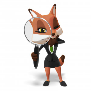 A business fox looks through a magnifying glass.