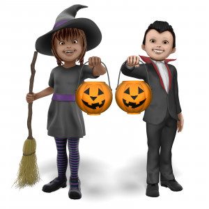In this clipart image, a young boy is dressed appearing as a vampire and a young girl is dressed appearing as a witch for Halloween.  They are both posed standing next to each other holding up pumpkin shaped candy buckets.  Use this clipart image for your Halloween season presentations.