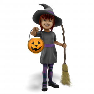 In this clipart image, a young girl is dressed appearing as a witch.  She is posed holding a broom in one hand and a pumpkin shaped candy bucket in the other hand.  She is holding it up, appearing to be trick or treating.  She has a happy smile on her face.  Use this clipart image for all of your Halloween themed presentations.