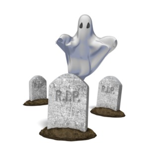 In this clipart image, a ghost is appearing from behind a large tombstone, while two other gravestones are off in the distance.  Use this clipart image for all of your spooky, haunted, or Halloween themed presentation needs.