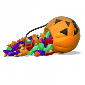 In this clipart image, a plastic pumpkin bucket is laying on it&#039;s side next to a large pile of candy.  It appears to be candy from trick or treating, and the candy has spilled out onto the ground.  Use this clipart image for all of your spooky halloween presentation needs.