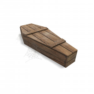 In this clipart image, an old wooden coffin is placed on the ground.  Clinging to the old wooden coffin are multiple large spiderwebs.  The lid is securely fastened shut.  Use this image for all your spooky Halloween presentation needs.