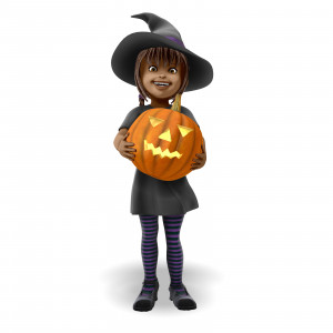 In this clipart image, a young girl appearing as a witch is posed standing and holding a large carved pumpkin, with a happy smile on her face. The pumpkin has a standard jack o lantern carving.  Use this clipart image for all of your Halloween or Fall themed presentation need.