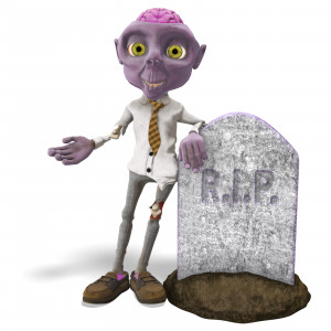 In this clipart image, the presentation character Dead Head Fred is posed happily presenting to the side, while leaning up against an old tombstone.  The tombstone has R.I.P. written on it, and rests upon a small pile of dirt.  Use this clipart image for all of your humorous Halloween themed presentations.