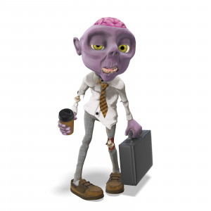 In this clipart image, the zombie presentation character Dead Head Fred is posed looking tired with a crooked face and standing hunched over with crooked knees.  He has a cup of coffee in one hand, and a business briefcase in the other.  Use this clipart image for presentations involving Halloween, spooky themes, being a working zombie, and more.