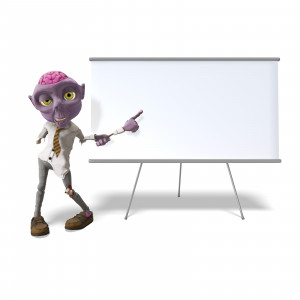 In this clipart image, the zombie presentation character Dead Head Fred is presenting a blank board.  His right forearm is detached, and he is holding his right forearm with his left hand.  He is using his detached right forearm as a object to point with.  The presentation board is left blank for you to add your own text or content.  Use this clipart image for all of your spooky or Halloween themed presentations.