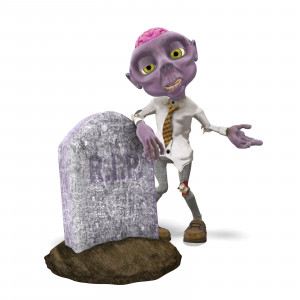 In this clipart image, the zombie presentation character Dead Head Fred is posed presenting to the left side.  Fred is hunched over and holding himself up on an old tombstone as his knees are slightly buckling.  The Gravestone has R.I.P. written on it, and it rests on a small mound of dirt.  Use this clipart image for all of your spooky or Halloween themed presentations.
