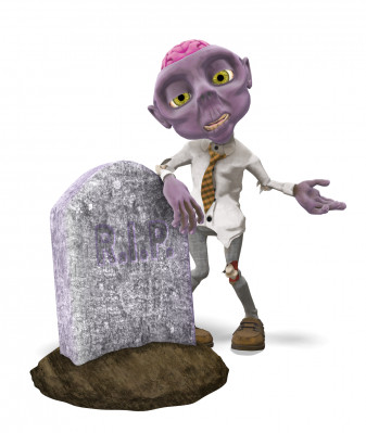 Presentation zombie character deadhead Fred leans on a gravestone.