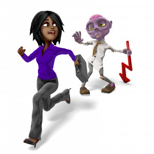 In this clipart image, businesswoman Jada is being chased by the zombie character Dead Head Fred. Jada is posed running frantically while holding a briefcase, and looking back in Fred&#039;s direction. Fred is posed walking like a zombie, reaching out with one hand, and dragging a large declining shaped arrow in the other hand. Use this clipart image as a humorous representation of running away from failing or declining sales or numbers.