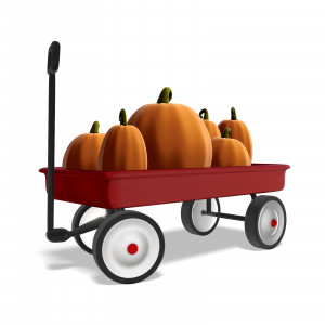 In this clipart image, a wagon is parked with the wheels turned, and the handle resting on the main portion of the wagon.  There are several pumpkins inside the wagon, that all vary in size and shape.  Use this clipart image for all of your fall or seasonal themed presentations.
