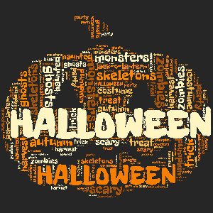 A pumpkin Halloween word cloud shape that is fully customizable.  Add your personalized words, choose colors, and select a font.