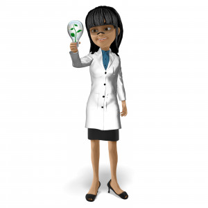 In this clipart image, the presentation character Kim his holding a light bulb, with a small plant growing inside of it.  Kim is wearing a lab coat and safety glasses.  Use this clipart image for your presentations involving sustainability, environment, natural science, and more.