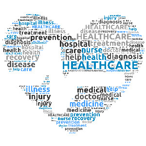 A healthcare word cloud heart shape that is fully customizable.  Add your personalized words, choose colors, and select a font.