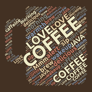 A coffee cup word cloud design that is fully customizable.  Add your personalized words, choose colors, and select a font.