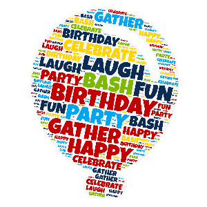 A birthday word cloud balloon shape that is fully customizable.  Add your personalized words, choose colors, and select a font.