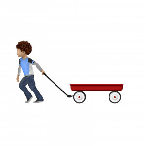 In this clipart image, the young presentation character Timmy is pulling an empty wagon.  The side angle of this clipart image allows the user to position other content items to appear in the back of the wagon.