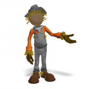 In this clipart image, a scarecrow is posed standing and presenting to the side.  Use this clipart image for all your fall, seasonal, or Halloween themed presentations.
