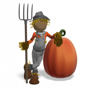 In this clipart image, a scarecrow is posed leaning against a large pumpkin.  In it&#039;s free hand, it is holding up a large pitchfork.  Use this clipart image for all of your seasonal, fall, or Halloween themed presentations.