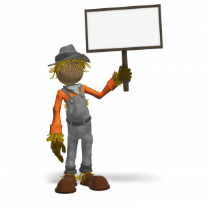 In this clipart image, a scarecrow is posed standing and holding up a sign.  The sign is left blank for the user to add their own text or graphics.  Use this clipart image for all of your seasonal, fall, or Halloween themed presentations.