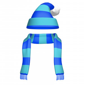In this clipart image, a stocking hat with a pom pom on the end is positioned above a knitted scarf. It is colored in different shades of blue to represent the colors of winter. Use the color adjustments to change the colors for your presentation needs.