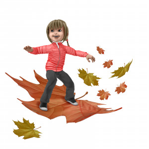 In this clipart image, the young presentation character Sally is posed surfing on a large red leaf, while a trail of leaves float in the distance. The leaves are shades of red and yellow representing the colors of fall, and Sally is wearing jeans and a jacket for the fall season. Use this clipart image for all of your fall, seasonal, or autumn themed presentations.