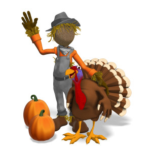 In this clipart image, a scarecrow is waving towards the viewer, while standing next to a large turkey.  The turkey has a happy expression on its face.  Two pumpkins rest on the ground next to the scarecrow.  Use this clipart image for all of your fall themed presentations.