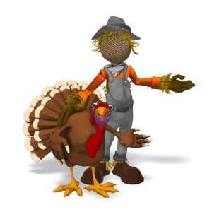 In this clipart image, a scarecrow and a happy turkey are posed gesturing to the side.  Use this clipart image for all of your presentations involving seasonal, fall, or holiday themed presentations.