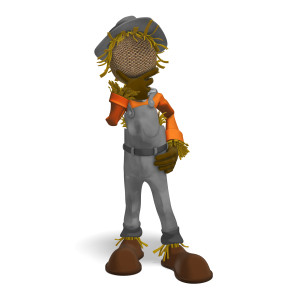 In this clipart image, a scarecrow is standing with a hand on the chin, posed deep in thought.  Use this clipart image for all of your seasonal, fall, or holiday themed presentations