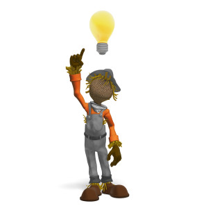This clipart image shows a scarecrow standing under a large light bulb and pointing upward as it has a bright idea. Use this problem solving clipart to add a great visual element to accompany a message about innovation, a new idea, or solving a problem.
Keywords