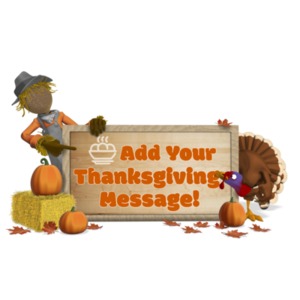 This customizable fall image shows a scarecrow and a turkey on opposite ends of a sign, pointing and looking in towards the sign.